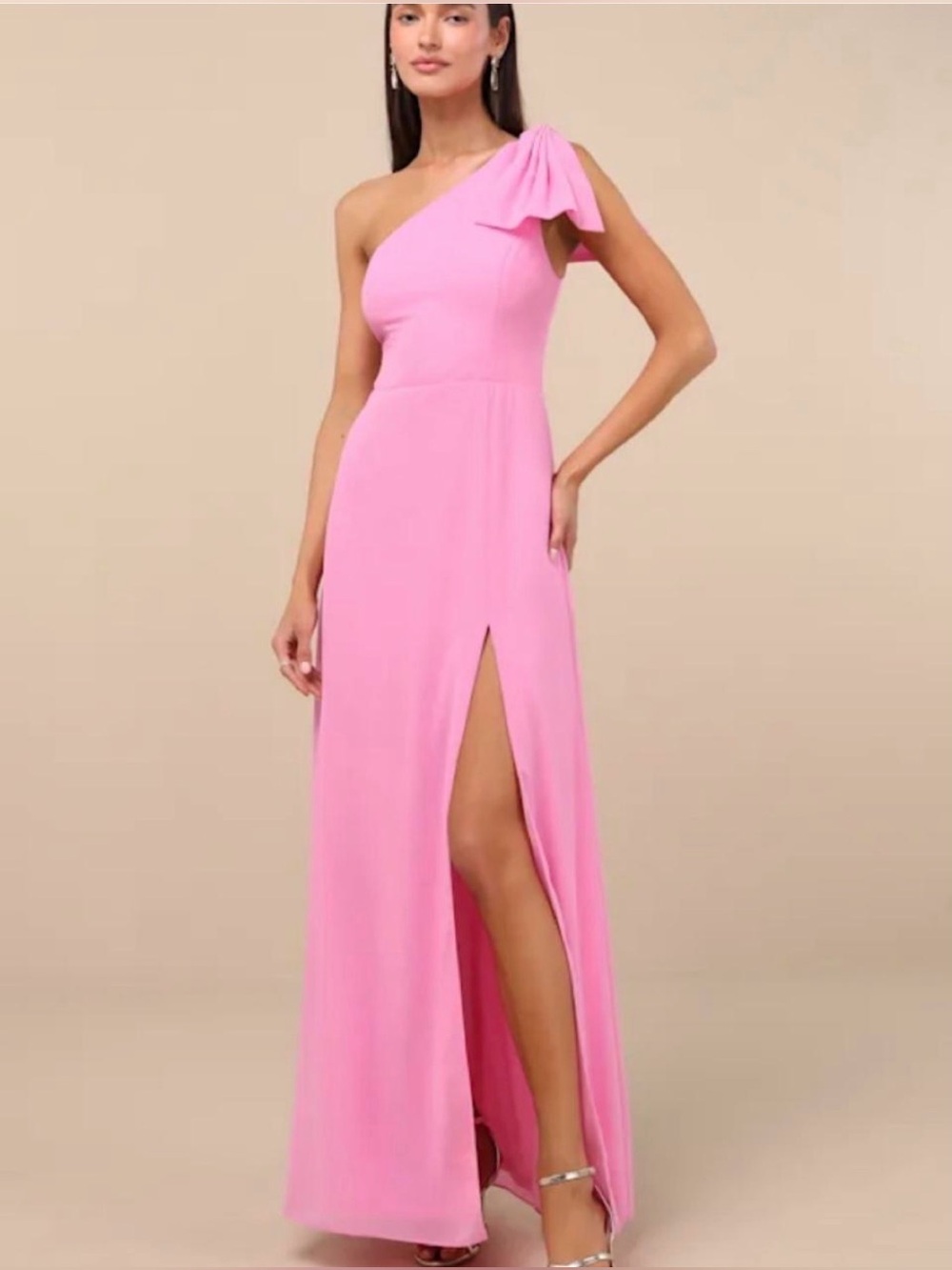 Lulus Simply Brilliant Pink One-Shoulder Bow Maxi Dress large NWOT